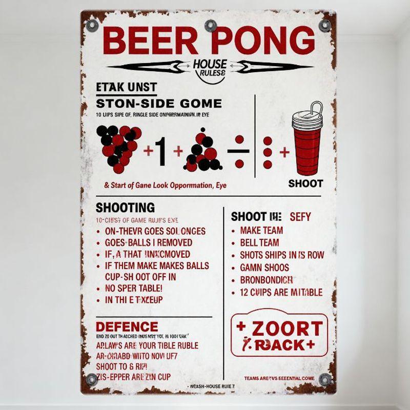 

Vintage Beer Pong House Rules Metal Tin Sign, Weathered Metal Plaque with Game Diagram for Man Cave Bar Pub Party Decor, Red Tex 20x30cm（7.8x11.8inch）