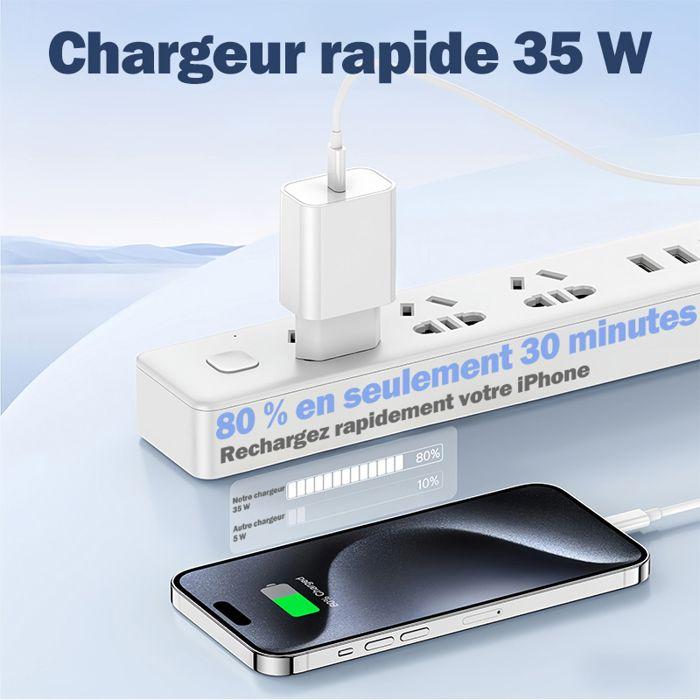Chargeur USB-C - WENZYLIQUOX - 35W - Charge Rapide 35W - Câble MFi C94 2m - Compatible iPhone 17/16/15