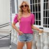 Solid Color T-Shirt  Square Neck Bubble Sleeve Short Sleeve Loose T-Shirt Top for Women