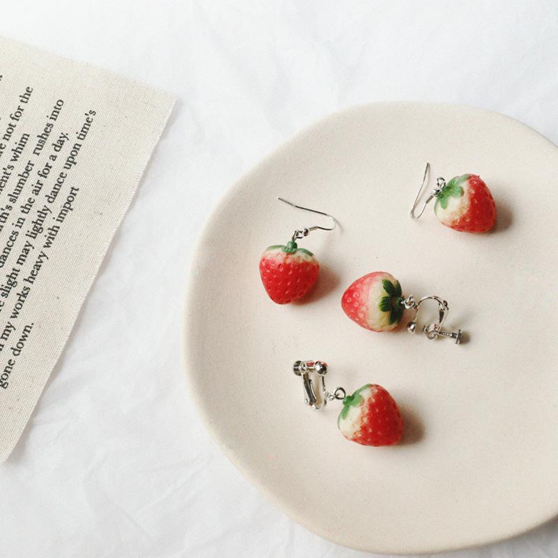 Korean Sweet Strawberry Resin Stud Earrings for Girls – Cute, Simple, No Piercing Needed
