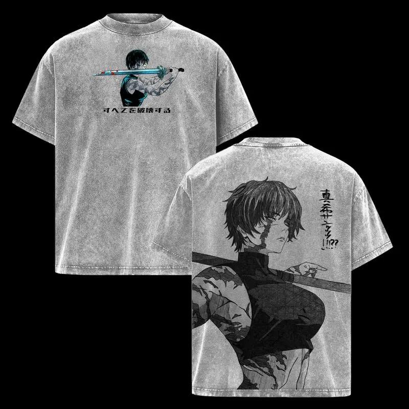 Jujutsu Kaisen Zenin Maki Printed Tee Men Women Retro Washed T-shirts Cotton T Shirt Short Sleeve Clothing Harajuku Male Tshirt