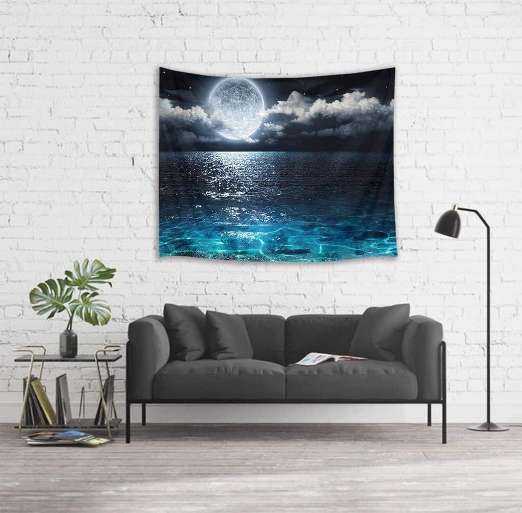Moon Over Ocean TapestryNight Sky Tapestry Wall Hanging3D Fantasy Psychedelic Watercolor Wall Art for Bedroom Living Room Dorm