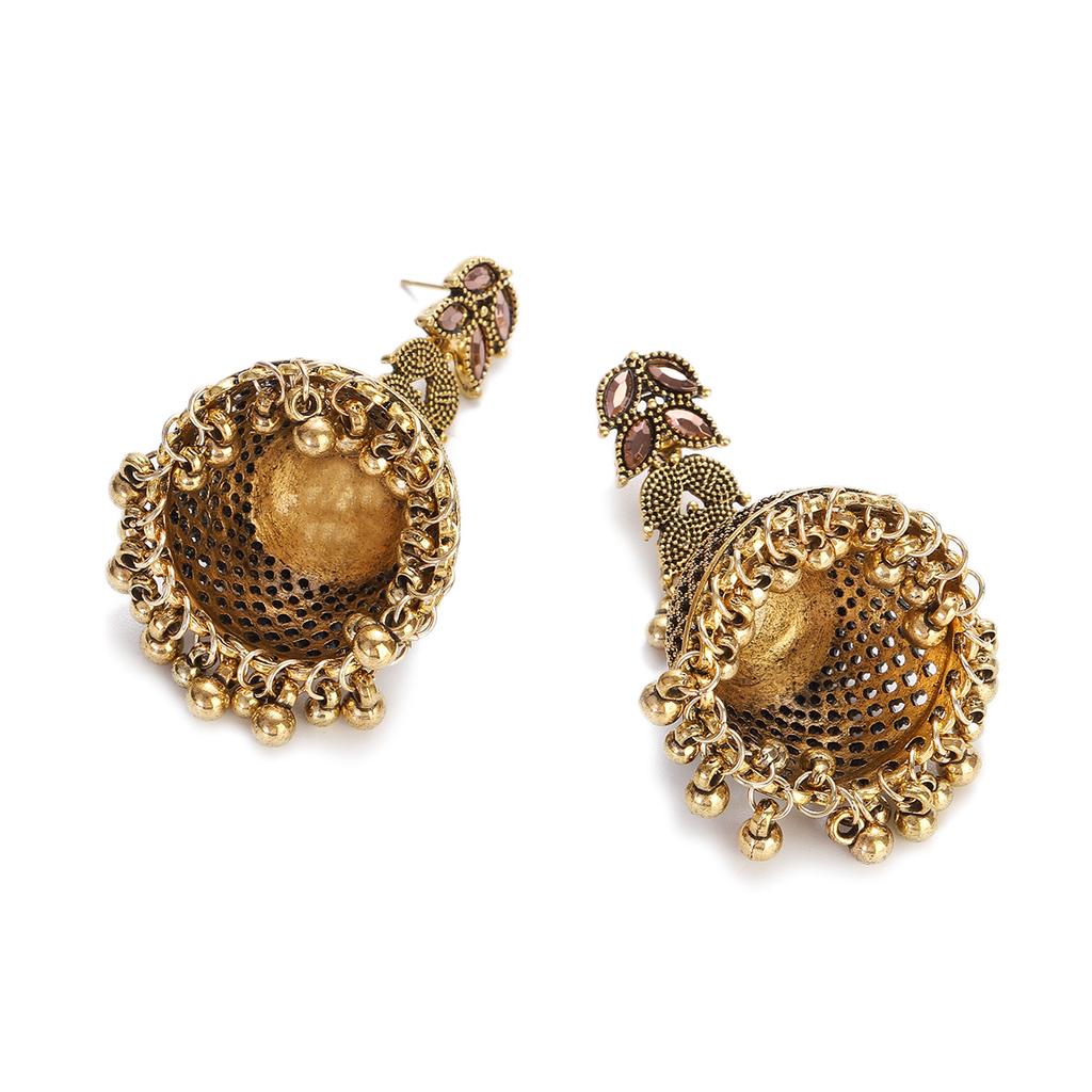 Ethnic Gold Color Big Bell Dangle Earrings for Women Vintage Jewelry Pink Zircon Hollow Bells Carved Earrings Indian Earrings