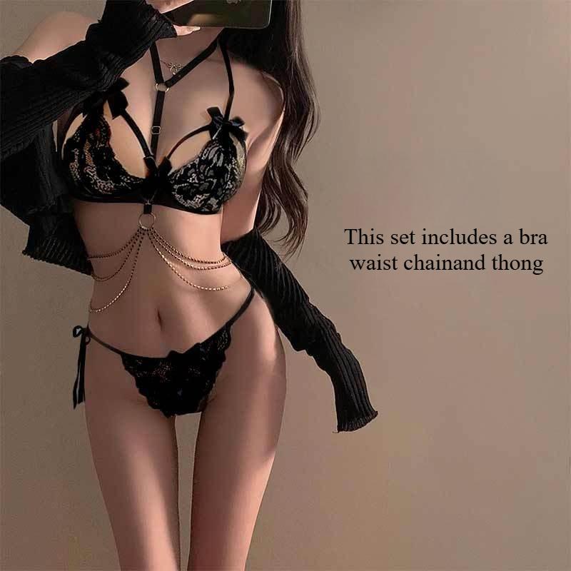 New Pure Desire Lace Hollow Perspective Belt with Waist Chain Sexy Women's Underwear No Steel Rim Hot Girl Bra Set