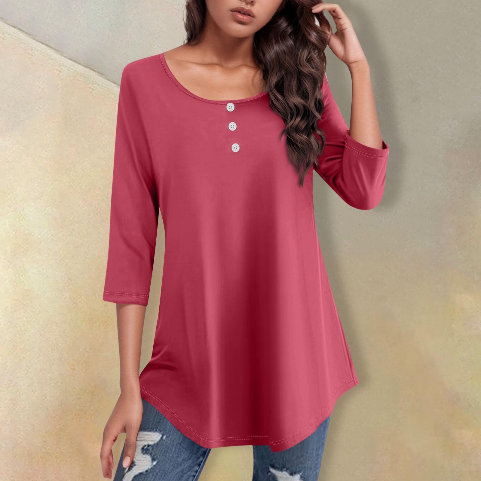 

Рубашки с рукавом 3/4 для женщин, однотонная повседневная футболка с круглым вырезом и пуговицами, топ с изогнутым краем XXXL красный