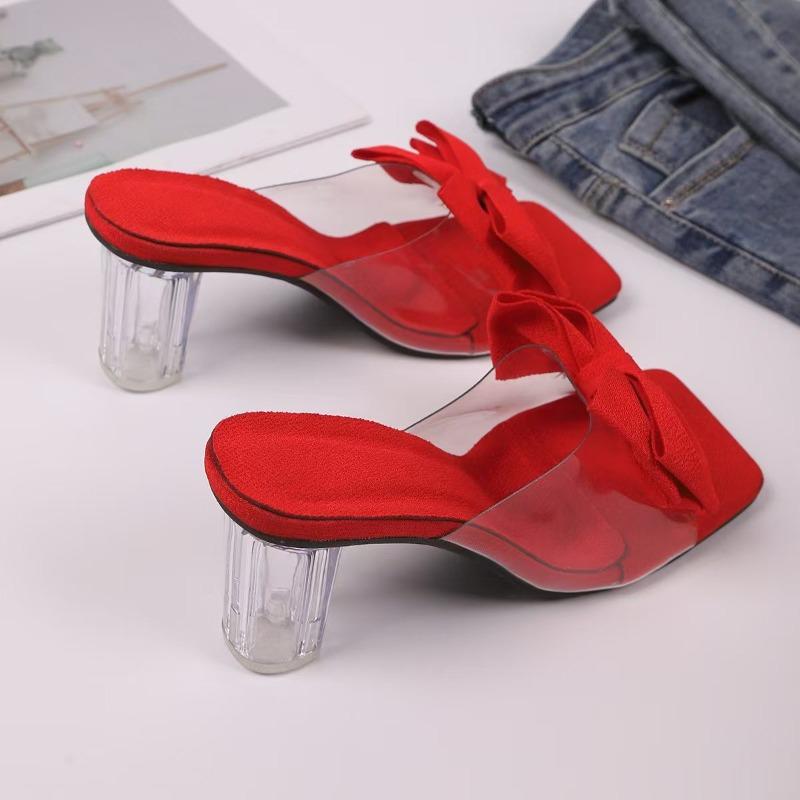 Schleife Transparenter Riemen High Heels Sommer Neu Eckige Zehenpartie Offene Zehenpartie Rutschfest Verschleißfest Kristallabsatz Pantoletten