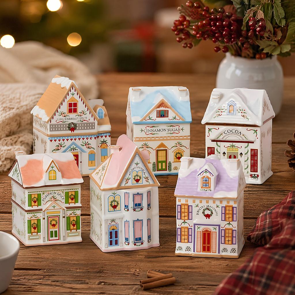 Set Casa delle Spezie del Villaggio di Natale da 6 Pezzi Ornamento a Forma di Casa Set Scatola Portaoggetti Mini Vasetti Casa delle Spezie del Villaggio per Villaggio di Natale Decorazioni per la Casa