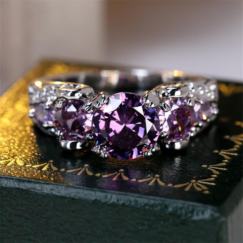 1 Pc Silvery Color Round Cut Purple Stone Ring Hollow Pattern Ring Wedding Band Valentine's Day Jewelry