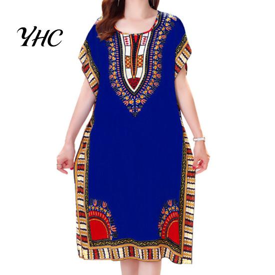 Split Women Dress Ethnic Style Round Neck Print Contrast Color Geometric Printing Pullover Loose Short Sleeves Midi Clothes Beach