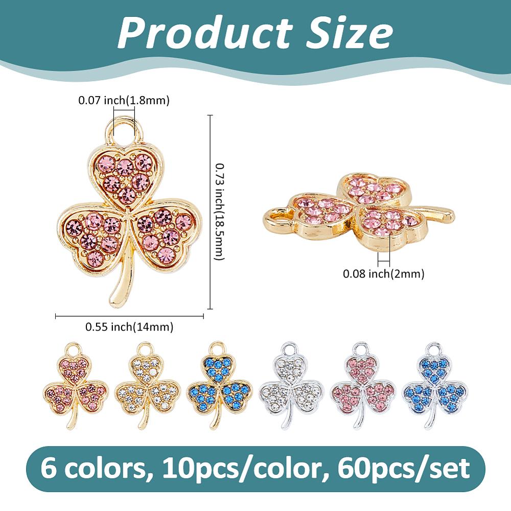 60Pcs 6 Colors Alloy Pendants with Rhinestone Cadmium Free & Nickel Free & Lead Free Clover Charms Mixed Color 18.5x14x2mm Hole: 1.8mm