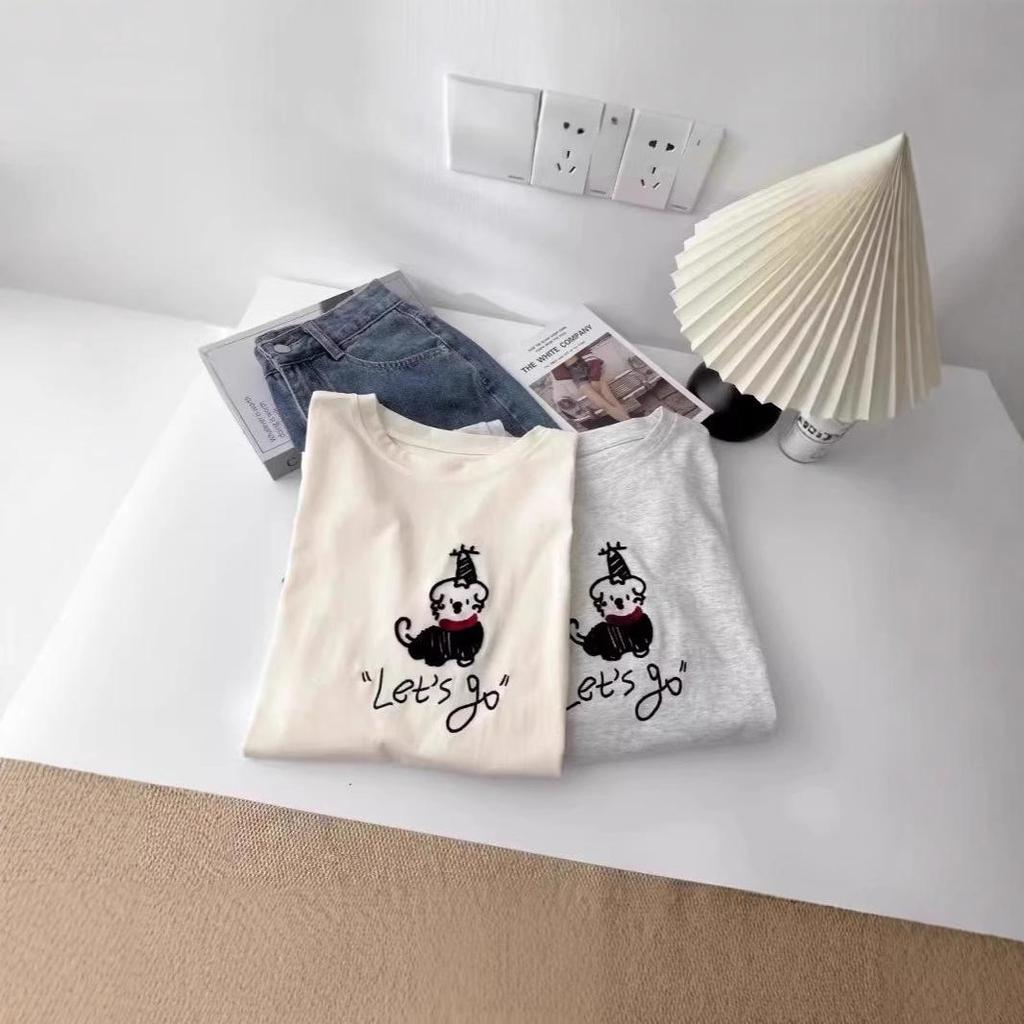 Korean Age-Reducing Red Scarf Puppy Embroidered Women's T-Shirt - Soft Cloud Cotton Brushed Short Sleeve Spring/Summer 2025