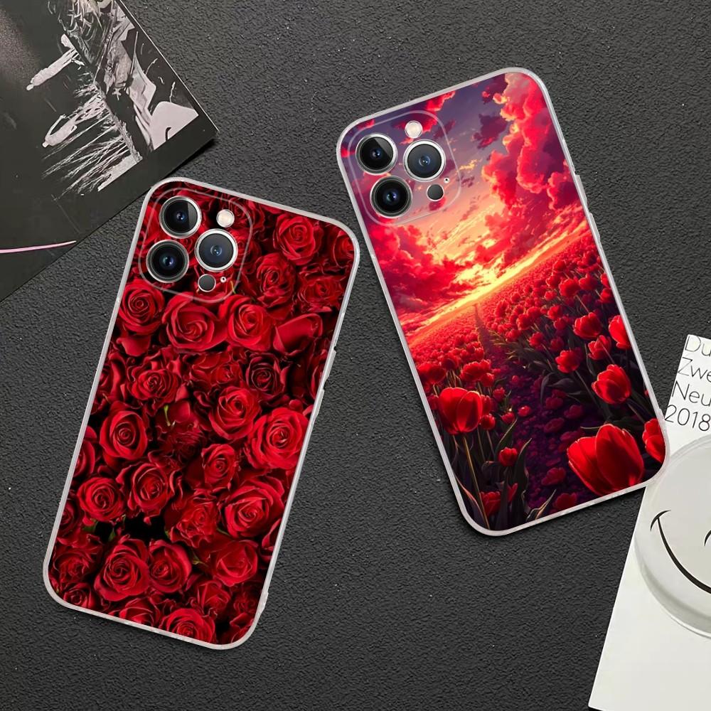 Red Roses Flowers Phone Case Silicone Soft For Iphone 16 15 14 13 12 11 Pro Mini XS MAX Plus X Cover