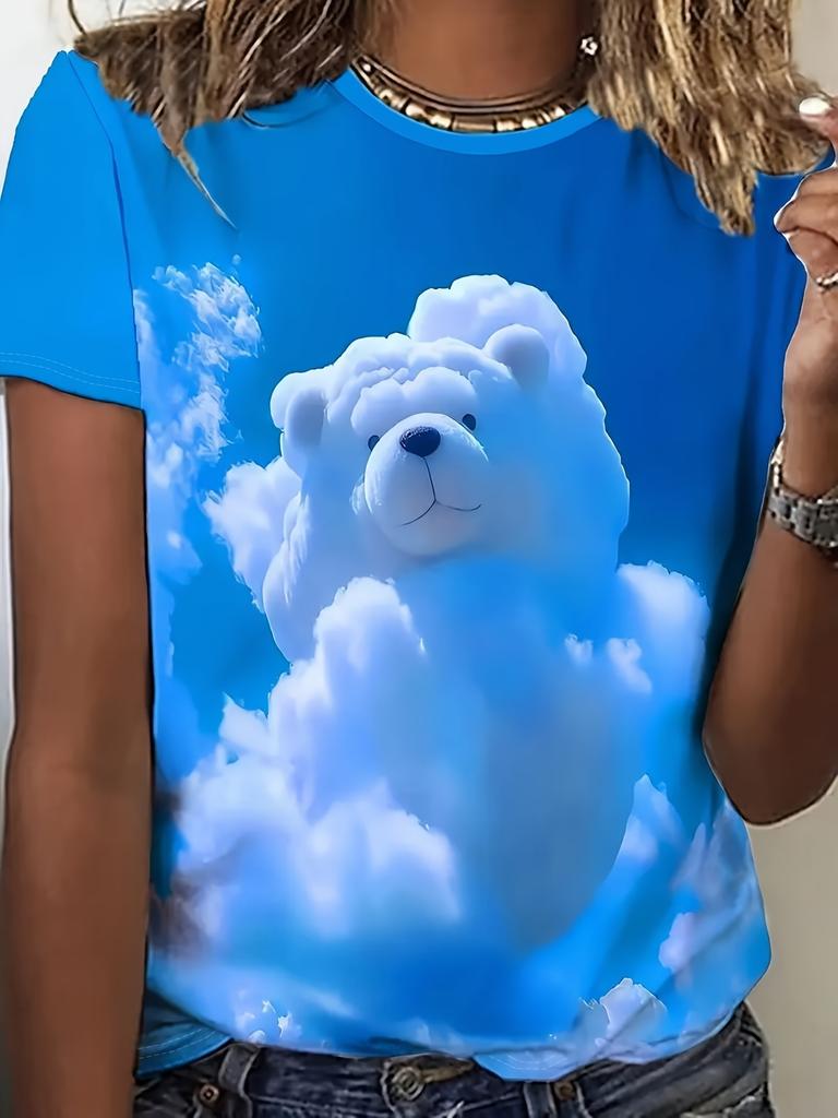 2025 New Summer Women's Black and White Swan Print T-shirt Round Neck Short Sleeve Street Casual Daily Basic Tops