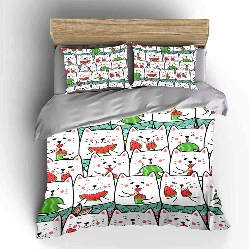 Cute Cat Watermelon Pattern Bedding Duvet Cover Set Duvet Cover Pillowcases (1*Duvet Cover 2*Pillowcases, without duvet insert)