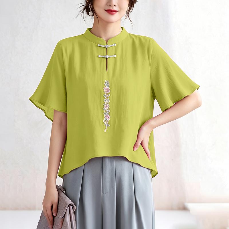 ZANZEA Women Stand Collar Casual 3/4 Sleeve Embroidery Print Loose Blouse