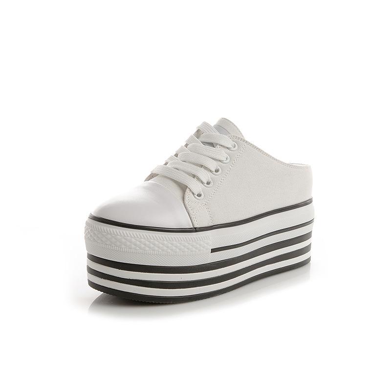New Women's Height-Enhancing Canvas Slippers: Round Toe, Lace-Up, Thick-Soled Casual Shoes for Spring & Summer