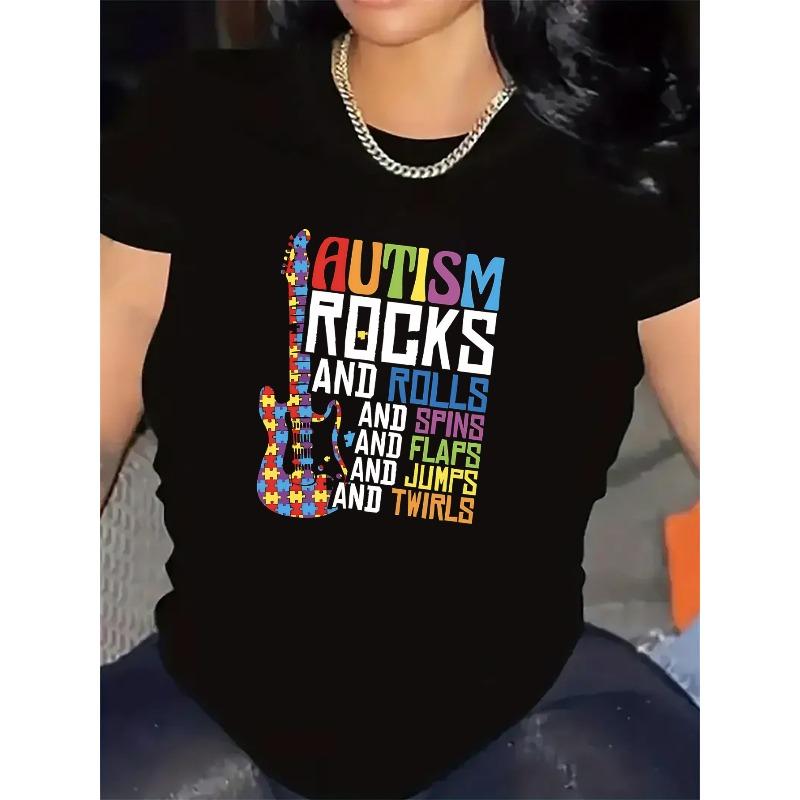 

European sizes Women s Autism Awareness T-Shirt Autism Rocks Slogan & Guitar Graphic, Lightweight Casual Round Neck Top for Casual Attire 4XL