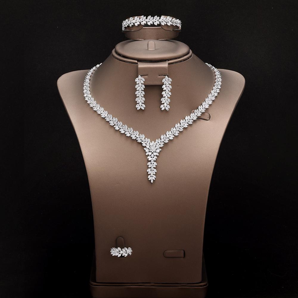 Trendy 4PCS Micro White Zircon CZ Jewelry Set For Women Wedding Bridal Party Jewelry Set Necklace Earring