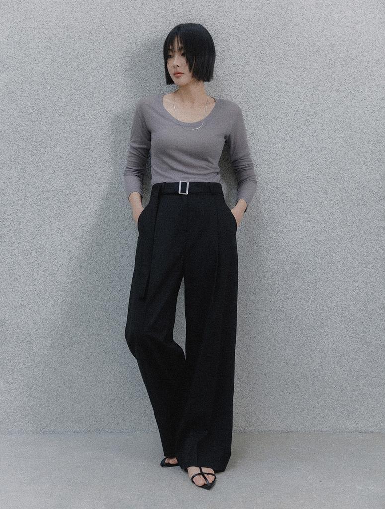 Memua Refined Belted Wide Slacks (Black)