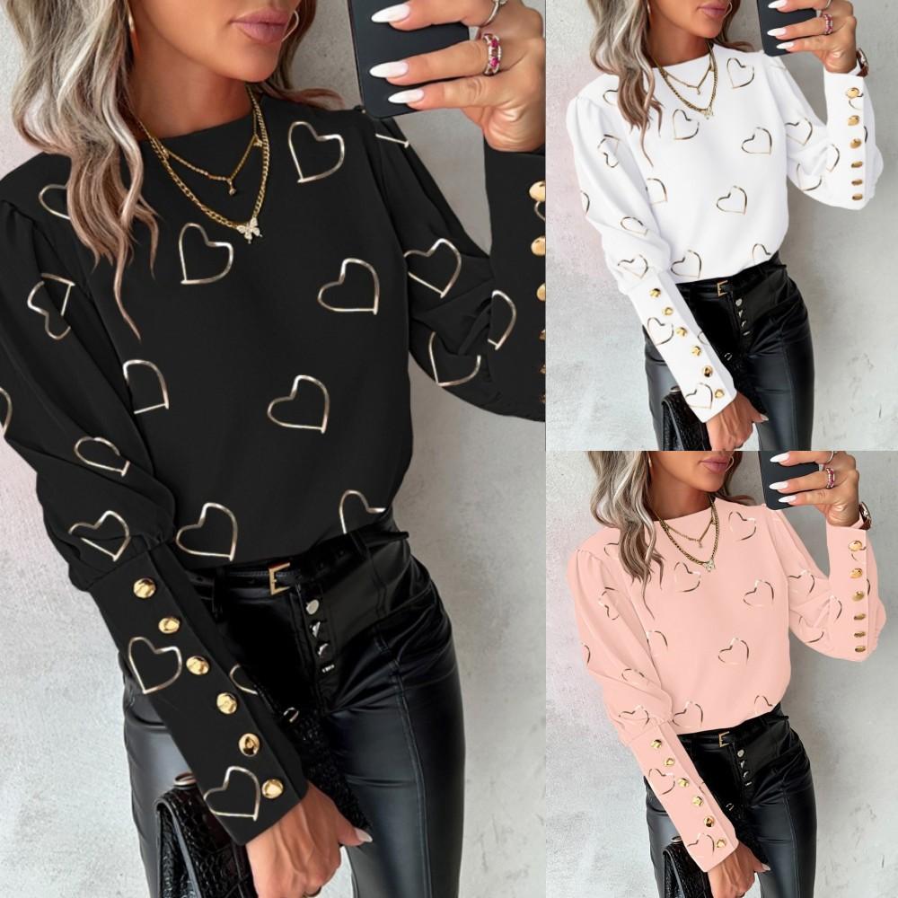 Damen Frühlingshemden Herz-Print Rundhalsausschnitt Langarm Locker Blusen Mode Lässig Knopf Elegant Büro Damen Oberteile