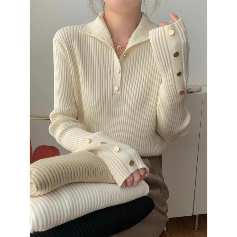 Autumn and Winter Slim Pit Striped Turtleneck Elegant Button-down Knitted Sweater
