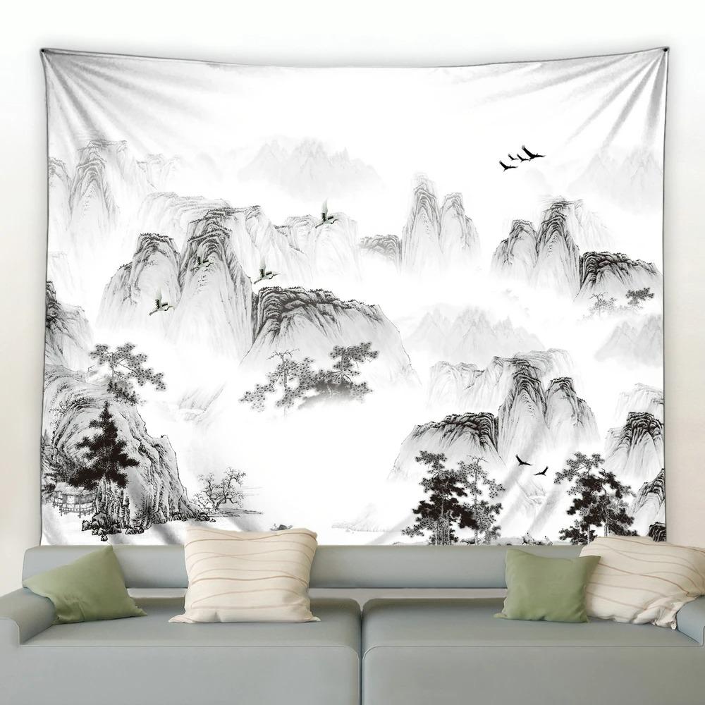 Китайский стиль Живопись тушью Горный пейзаж Гобелен Спальня Гостиная Гобелен Украшение — фото 10