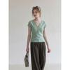 French gentle wind mist gray semi-open neck short-sleeved T-shirt women's summer new slim and thin fashion versatile top