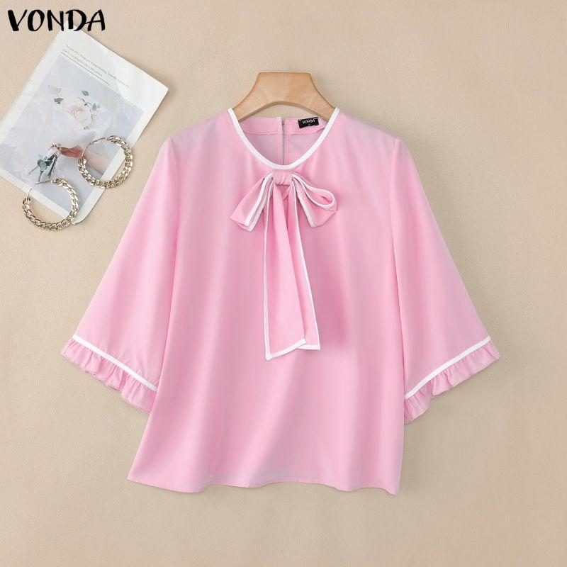 VONDA Summer Women O Neck 3/4 Sleeve Bow Knot Ruffled Casual Loose Blouse M розовый