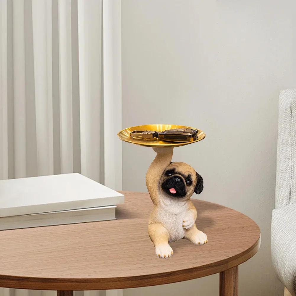 Adornos de Perro Pug Lindos Manualidades de Resina Estatua Decorativa de Perro Pug Widget Versátil de Perro Pug Plato Decoración para Sala de Estar Pasillo Hogar