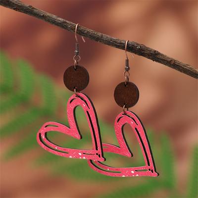 Women Red Wood Hollow Love Heart Ear Drop Earring