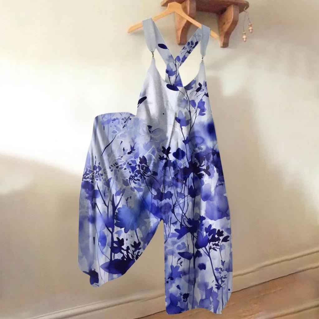 Wide Leg Overalls For Women Casual Loose Sleeveless Jumpsuits Retro Print Metal Button Long Pant Romper Jumpsuit With Pockets