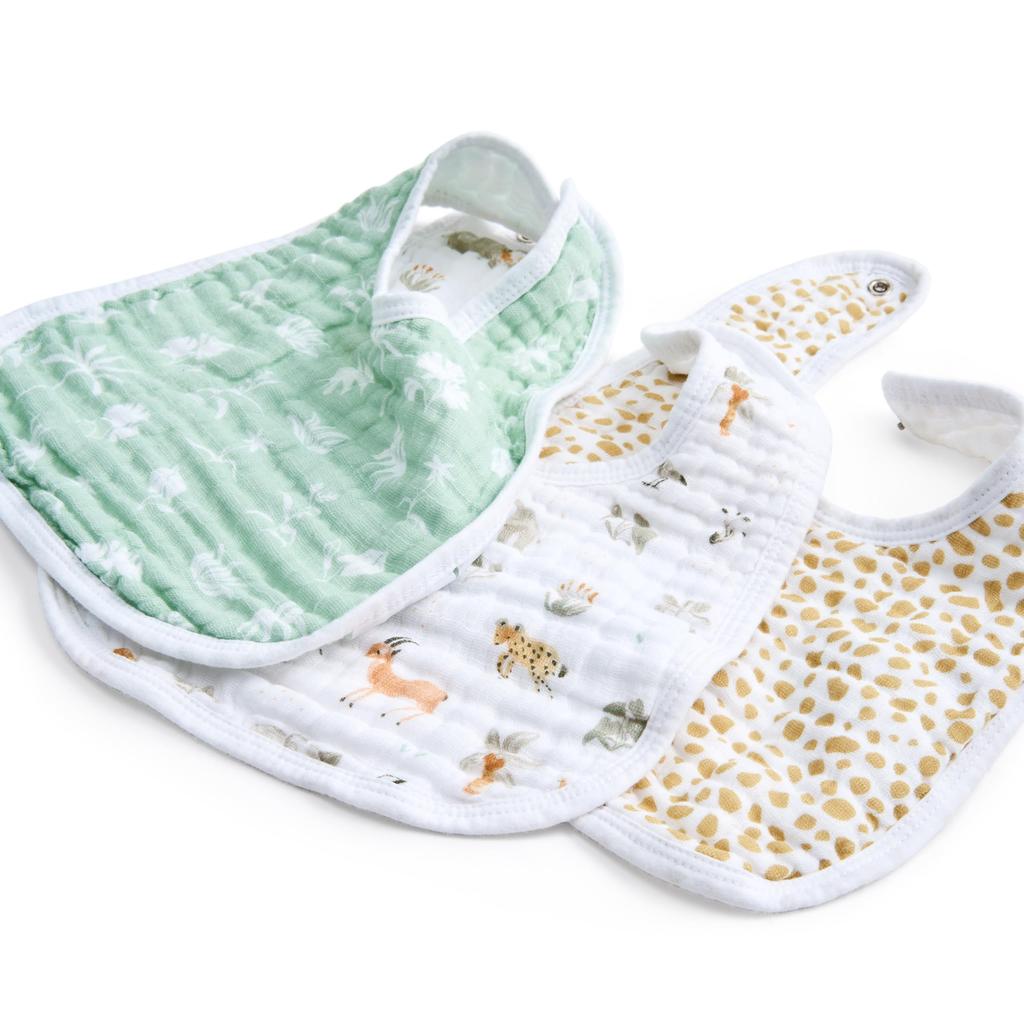 aden anais essentials Snap Bib Giraffe Safari One Size Cotton 23 x 32cm Machine Washable Bib Baby Shower Gift BBADAEESNC30026 + 3-Pack 100%