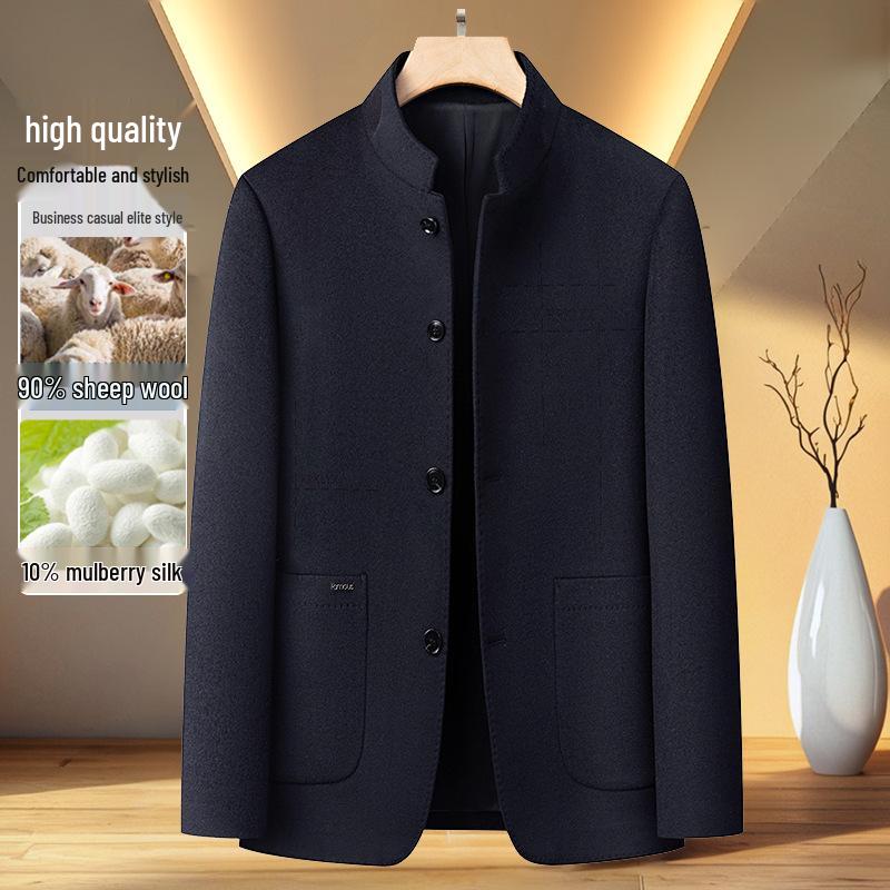 Men's Autumn Winter Wool Coat - Middle-aged Stand Collar Business Casual Jacket