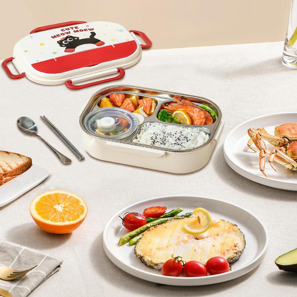 Stainless Steel Lunch Box 4-Compartment Lunch Containers For Adults With Cutlery Microwave-Safe Leakproof Meal Storage Box With