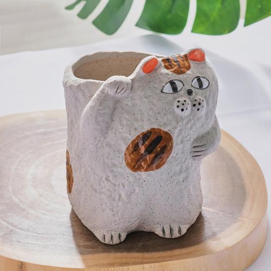 Cute Cat Planter, Cartoon Kitty Ceramic Plant Pot, Decorative Flowerpot with Drainage Hole for Succulents Cacti Small Plants Indoor Outdoor Decor