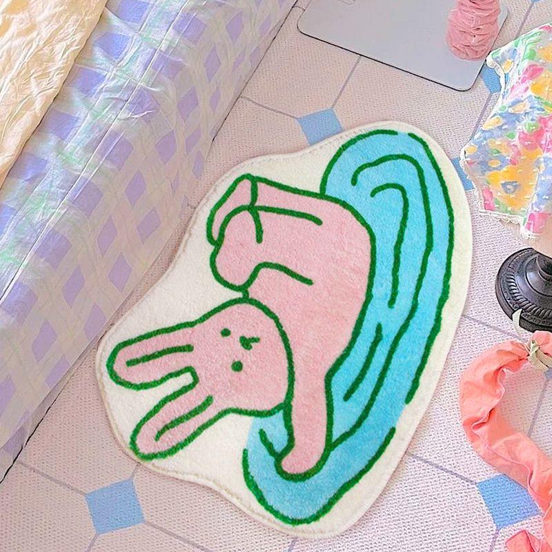 Cute Cartoon Rabbit Moon Tree Shape Rug Kawaii Soft Kids Room Bath Mat Home Decor Vibrant Art Durable Cozy Aesthetic Gift