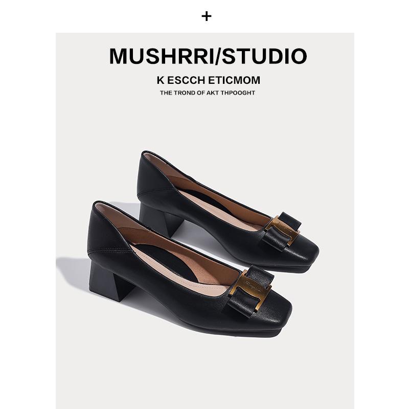 

Real cowhide high heels women s summer new lazy shoes square head soft leather shallow mouth thick heel single shoes women 40