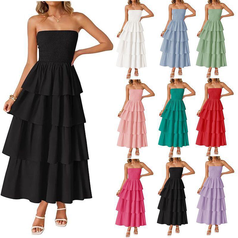 European and American women's clothing popular sleeveless off-the-shoulder pleated layered tube top long vest skirt