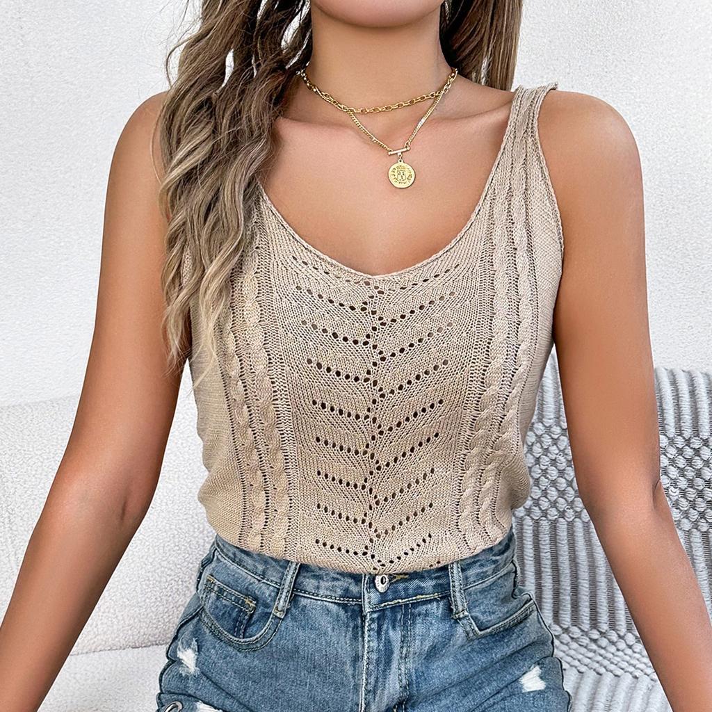 Spring And Summer Color V-neck Hollow Sleeveless Sweater Holiday Vest For Women