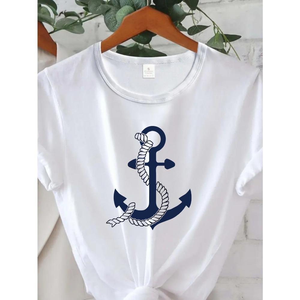 

Comfortable Women s Casual S T-Shirt with Geometric Anchor Print Round Neck Short Sleeve Casual Top for Summer Clothing S