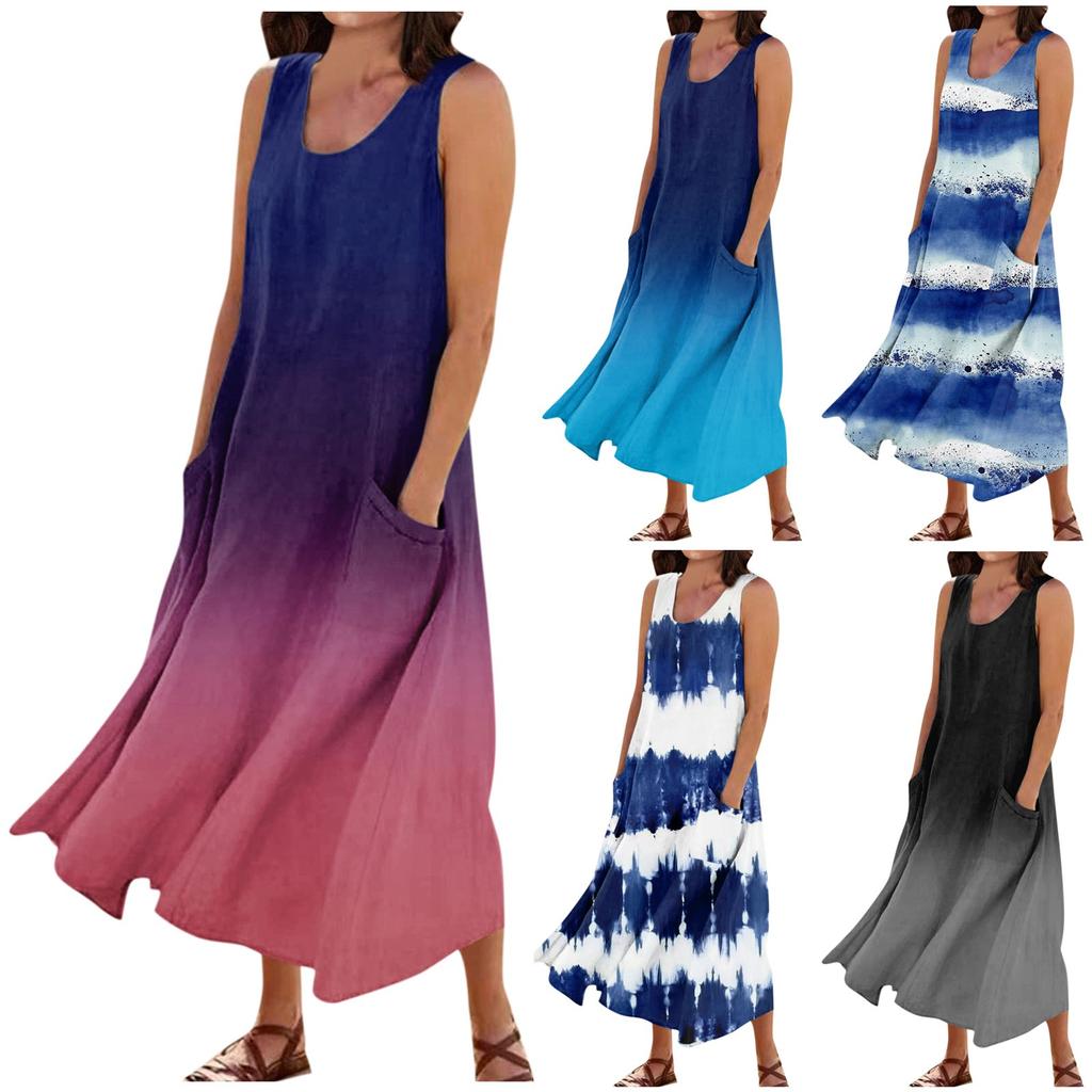 Women's Summer Casual Round Neck Printed Sleeveless Dress With Pockets