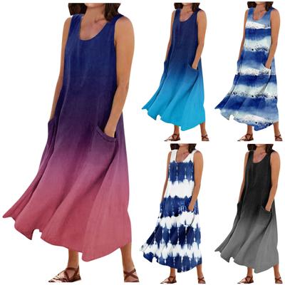 Women's Summer Casual Round Neck Printed Sleeveless Dress With Pockets