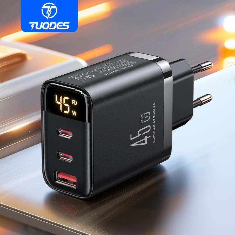 

Tuodes 45W GaN USB Charger 3-Ports USB Type C Fast Charging PD3.0 Quick Charge Wall Adapter For iPhone Samsung Xiaomi iPad чорний