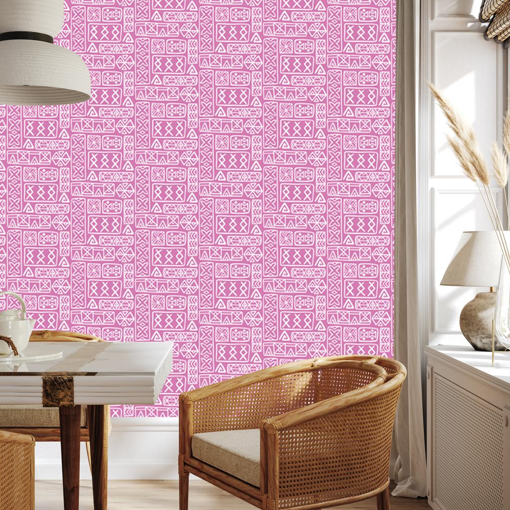 Polynesian Geometric Pattern Wallpaper Powder Pink and Purple 50x1000