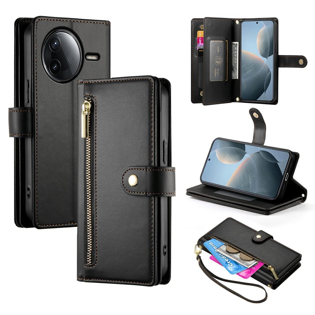 DF-011 For Xiaomi Redmi K80 5G/Poco F7 Pro 5G Case Zipper Pocket Wallet Leather Phone Cover with Straps