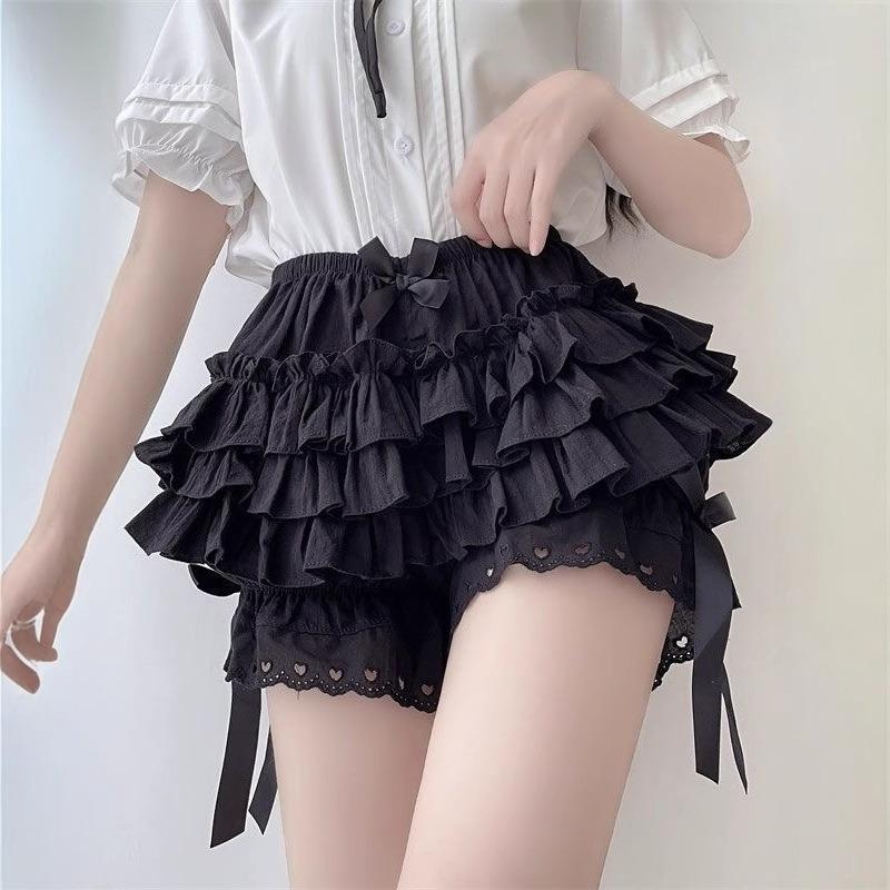 Damen Elastische Taille Mehrlagige Rüschen Bloomers Shorts Mit Schleife Und Lochspitzen-Saum