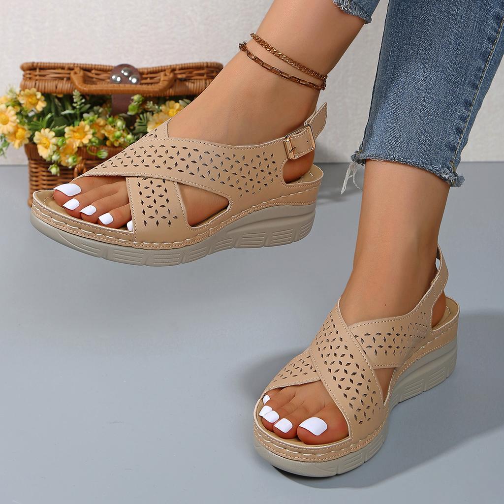 Large size spring 22 European and American sandals wedge heel breathable Velcro thick sole hollow sandals