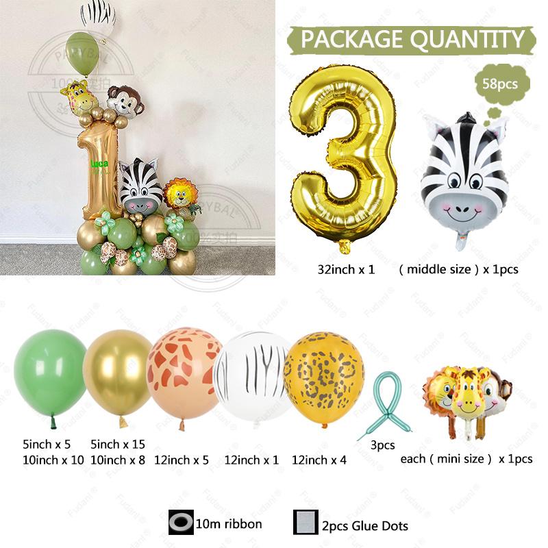 58pcs Wild Jungle Party Theme Gold Number 1-9 Balloon Garland Kit Birthday Baby Shower Gender Reveal Party Supplies Decorations