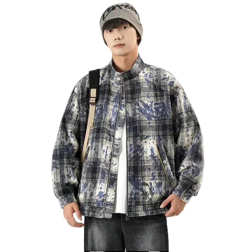 Plaid Jacket Men's Spring and Autumn Tie-dye Trendy Versatile Loose American Casual Jacket