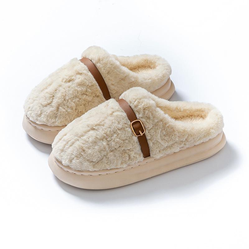 New cotton slippers winter belt buckle retro plush snow boots thickened warm thick cotton shoes plush shoes